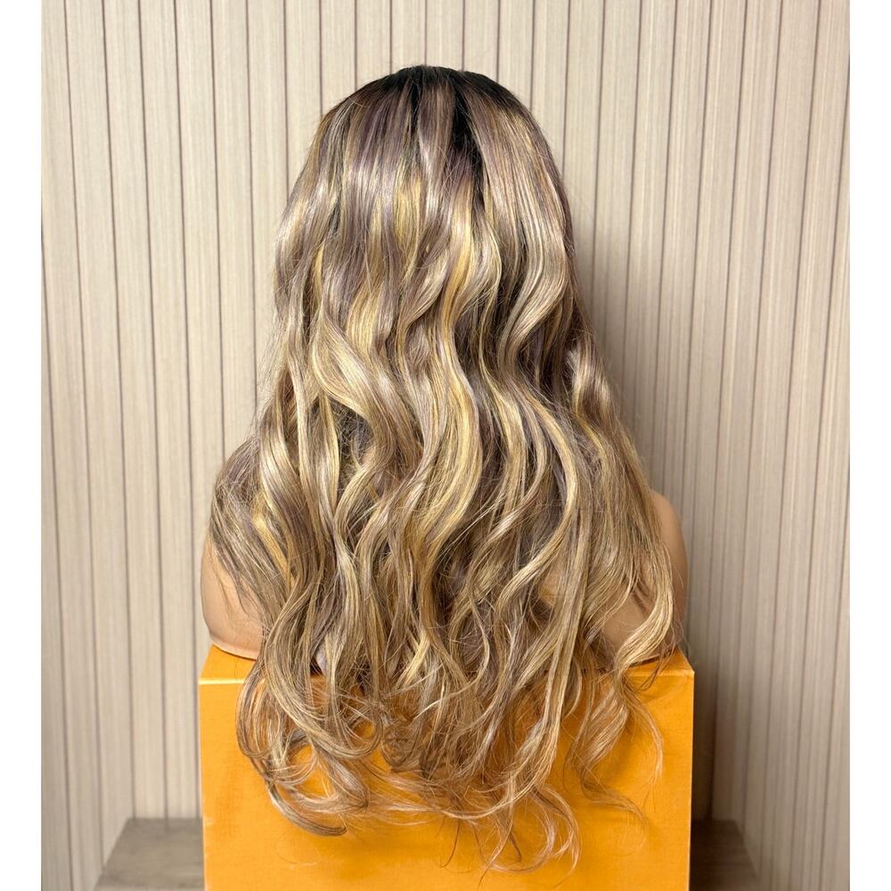 Human Hair Blonde Brown Wavy Lace Front Wig 25" Long Layered NEW